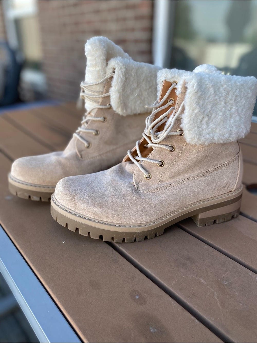 Global Win Cream Lace-Up Faux-Shearling Foldover Ankle Boots